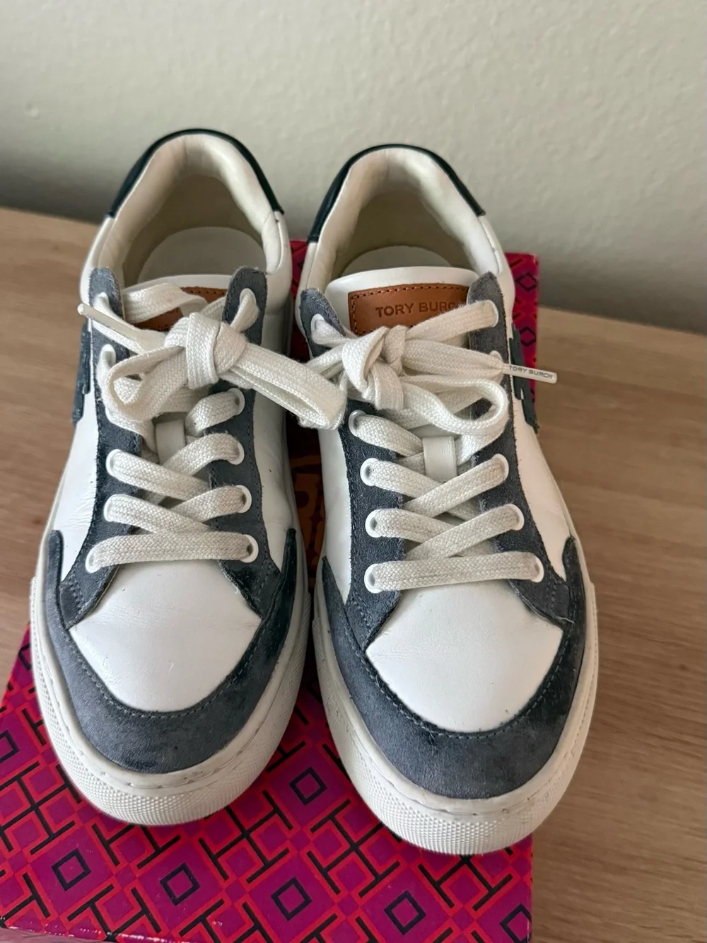 Tory Burch White and Navy Logo Sneakers